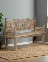 Indian Hand Carved Reclaimed Wood Bench B9